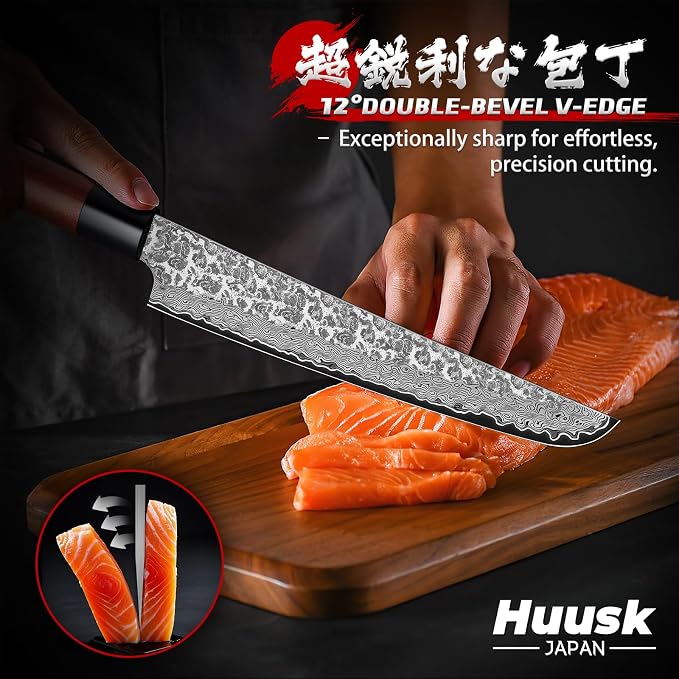 Huusk Japanese Gyuto Chef Knife - 8 Inch Hand Forged VG10 Damascus Chef Knives with Rosewood Handle, Sharp Sushi Knife Japanese Kitchen Knives for Meat, Fish, Vegetables, Home Cooking Gifts for Men