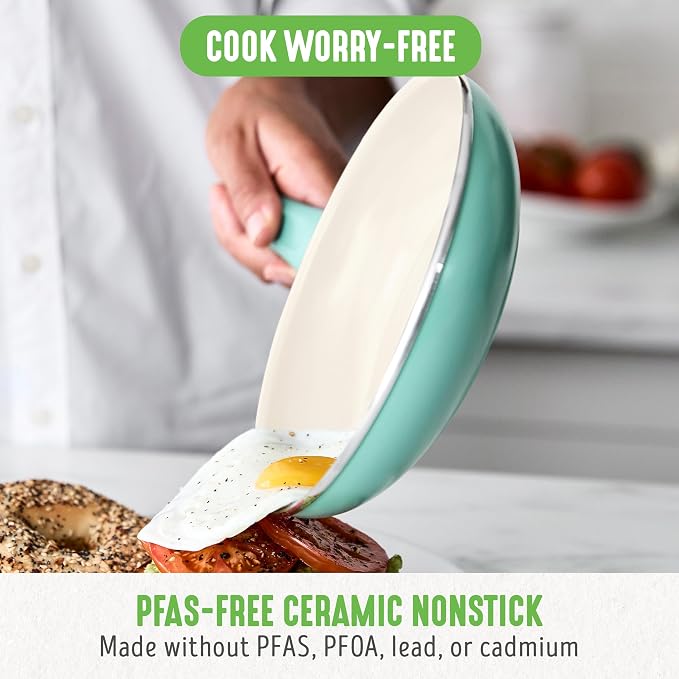 GreenLife Non Stick Fry Pan Set 7" & 10", Non-Toxic PFAS-Free Ceramic Skillet, Dishwasher & Oven Safe, Egg Omelet Frying Pan, Stay- Cool Handles, Kitchen Home Cooking Essentials, Turquoise (Pack of 2)