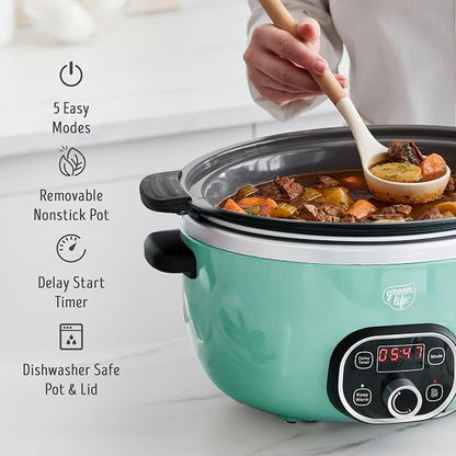 GreenLife 6QT Ceramic Slow Cooker, PFAS-Free, Programmable, Removable Healthy Nonstick Pot for Family Meals, Sear on Stovetop, Keep Warm, Digital Timer, Dishwasher Safe Crock, Turquoise