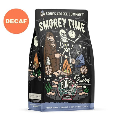 Bones Coffee Company Decaf S'morey Time, S'mores and Graham Crackers Decaffeinated Flavored Coffee, Medium Roast Low Acid Arabica Beans For Auto drip and French Press Coffee Maker, 12 Oz Ground
