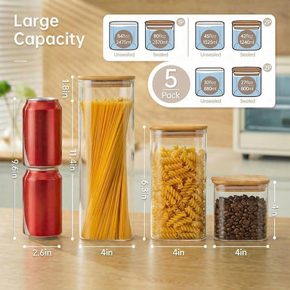 Multi Size - 5 Pack Square Glass Jars with Bamboo Lids, Glass Food Storage Containers with Airtight Lids for Kitchen, Air Tight Pantry Storage Containers for Cereal, Pasta, Rice, Sugar, Coffee, Spice