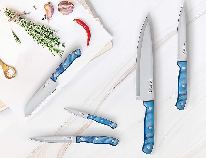 Sabatier 6- Piece Triple Rivet Stainless Steel Kitchen Knife Set, Razor-Sharp Kitchen Knife to Cut Fruit, Vegetables and more, High-Carbon Stainless Steel, Blue Acrylic Handles