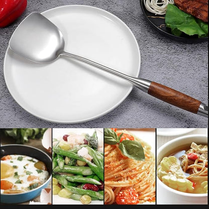 IQCWOOD Chinese Wok Spatula, 15.7’’ Stainless Steel Spatula with Wooden Handle, Ideal Kitchen Gift for Mother and Grandma, Kitchen Utensils Set for Cooking, Frying, Baking