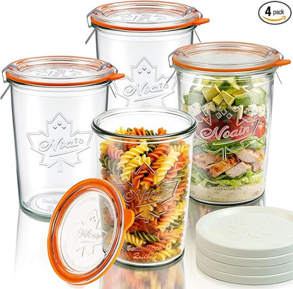 Wide Mouth Canning Jars 27 oz - 4 Pack Sourdough Starter Jars with Glass Airtight Lids & Plastic Lids, Large Glass Canisters with 2 Measurement Marks for Food Storage, Fermenting, Pickling, Meal Prep