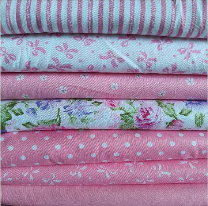 7Pcs Cotton Fabric DIY Making Supplies Quilting Patchwork Fabric Fat Quarter Bundles DIY for Quilting Cotton Patchwork Cushions (Big Pink Flowers, 9.8 x 9.8 inches)