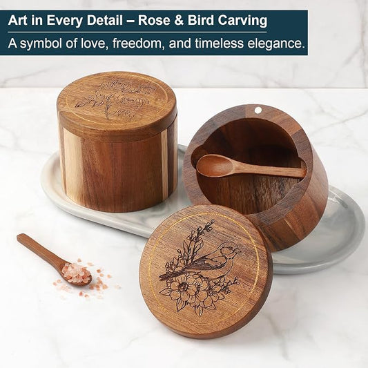 Timtopno Salt Cellar, 2PCS Salt Container Acacia Wood Salt and Pepper Box for Countertop with Built-in Spoon & Swivel Lid, Wood Salt Holder Bowl for Kitchen, Seasoning Storage (Rose & Bird Engraving)
