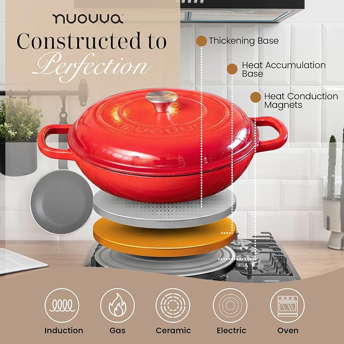 Shallow Cast Iron Casserole with Lid – Non Stick Dutch Oven Pot, Oven Safe up to 500° F – Sturdy Ovenproof Stockpot Cookware – Enamelled Cooking Pot – Red, 3.7-Quart, 30cm – by Nuovva