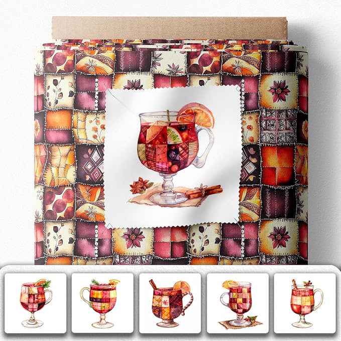 Patchwork Mulled Wine Cotton Fabric Panel – 6 Designs (10×10 inch Each) + Bonus Sheet 29.5×19.6 inch, 100% Cotton 140 GSM, Made in Türkiye