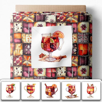 Patchwork Mulled Wine Cotton Fabric Panel – 6 Designs (10×10 inch Each) + Bonus Sheet 29.5×19.6 inch, 100% Cotton 140 GSM, Made in Türkiye