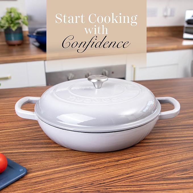 Shallow Cast Iron Casserole with Lid – Non Stick Dutch Oven Pot, Oven Safe up to 500° F – Sturdy Ovenproof Stockpot Cookware – Enamelled Cooking Pot – Grey, 5-Quart, 32cm – by Nuovva