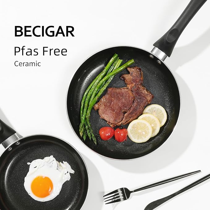 BECIGAR 8 Pcs Ceramic Pots and Pans Set, Cooking Pan Set, Nonstick Cookware Set, Induction Safe Kitchen Cooking Set with Frying Pans, Saucepans, shovel and Ladle, Blcak