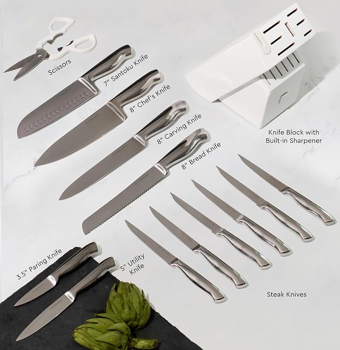Styled Settings Stainless Steel Knife Set with Built In Sharpener - 14 Piece Ultra Sharp, High Carbon Stainless Steel Kitchen Knife Set Includes White Knife Block with Sharpener Built In