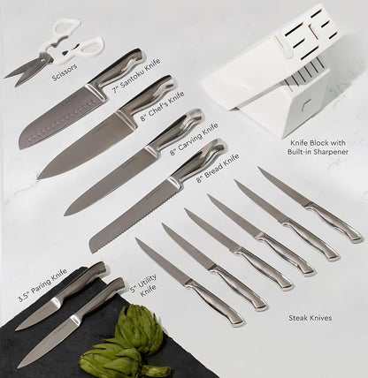 Styled Settings Stainless Steel Knife Set with Built In Sharpener - 14 Piece Ultra Sharp, High Carbon Stainless Steel Kitchen Knife Set Includes White Knife Block with Sharpener Built In