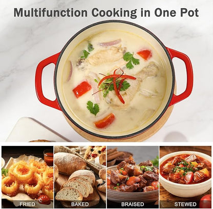 6 QT Enameled Cast Iron Dutch Oven with Lid, Non-Seasoning Enamel Coated Pot, 500°F Oven Safe, Dual Handles, Compatible with All Cooktops for Bread Baking, Braising & Stewing, White (Red,6 QT)