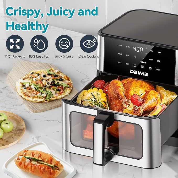 DEIME Air Fryer 10.2 QT, 1700W Large Capacity with 10 Preset, Visual Cooking Window, Non-Stick Basket, Recipe Included (Silver+TR)