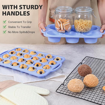 Mini Silicone Muffin Pan with Metal Frame, Non Stick Silicone Cupcake Pan with Handles 24 Cup, BPA Free Silicon Muffin Tin Tray Small for baking, egg bites, Cupcake Mold Blue