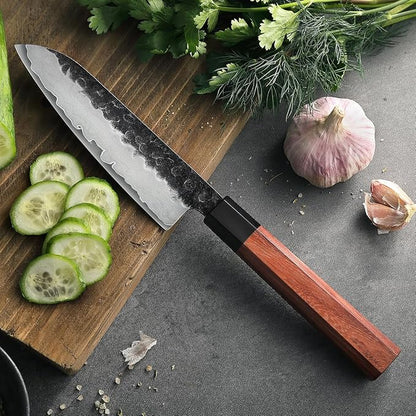 HEZHEN 5.5 Inches Santoku Knife, Three-layer Clad Steel, Professional small Japanese Chef Knife, Ultra Sharp Blade, Red Wood Octagonal Handle
