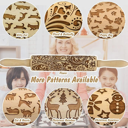 Embossed Rolling Pin for Baking Cookies Embossing Rolling Pins with Design Wooden Engraved Springerle Roller Pin Dough Animal Patterned Clay Pottery Ceramic Stamp Mold Gifts Bakers Women (Cat)