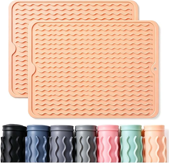 2 Pack Caketime Silicone Dish Drying Mat for Kitchen Counter Waterproof Place mats Sink Protector Stove Top Organizer Appliance Storage Vanity Trays Dryer Rack Drainers Items 15"x11.5" Beige
