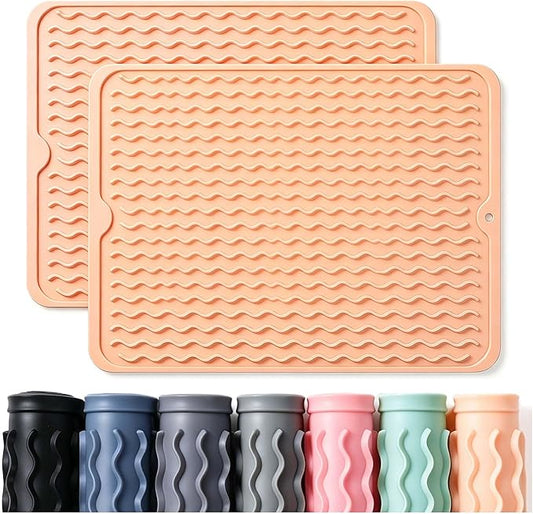 2 Pack Caketime Silicone Dish Drying Mat for Kitchen Counter Waterproof Place mats Sink Protector Stove Top Organizer Appliance Storage Vanity Trays Dryer Rack Drainers Items 15"x11.5" Beige