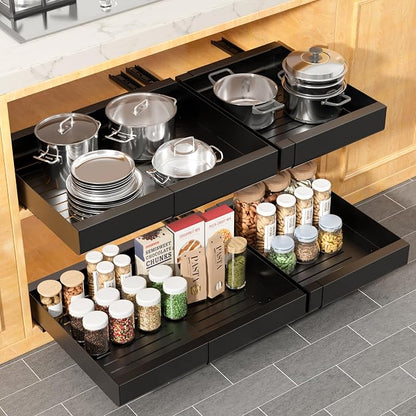 Pull Out Cabinet Organizer, Width Expandable (11.7"-19.7") Heavy Duty Slide Out Drawers Fixed with Adhesive Nano Film for Pots, Roll Out Shelf Storage For Kitchen,Pantry,Garage,Bathroom Storage