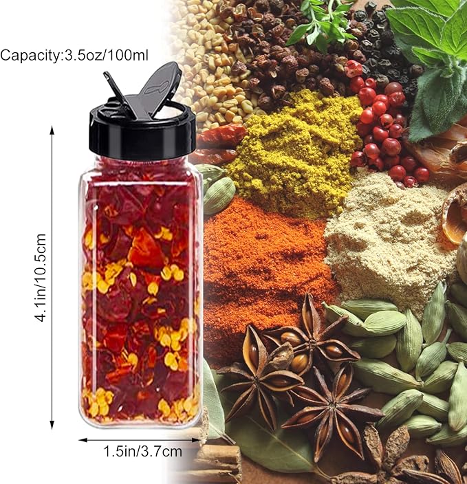 Tiaiidi 24 Pack 3.5 oz Square Plastic Spice Jars,Seasoning Containers with Black Screw Lids to Pour or Shake,Empty Storage Spice Containers for Spice,Powders,Peppers