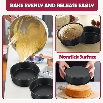 E-far 8 Inch Cake Pan Set of 3, Nonstick Round Baking Layer Cake Pans, Stainless Steel Core & Non-Toxic Coating, 2 Inch Deep (Black)