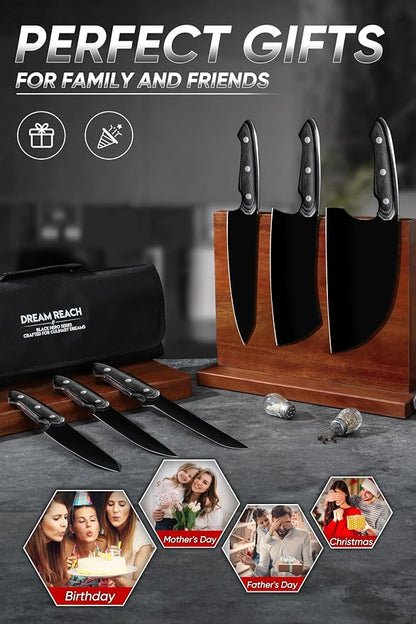 Dream Reach Chef Knife Set - 6PCS Hand Forged Black Butcher Knife Set for Meat Cutting, Serbian Cleavers with A Roll Bag for Kitchen Camping BBQ Outdoor, Birthday Mother Father Gift Idea