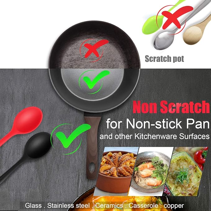 Boao 4 Pcs Silicone Spoons for Cooking 10.6 Inch Large Nonstick Serving Spoons Heat Resistant Slotted Spoon for Mixing & Stirring Kitchen Cooking Utensils, Dishwasher Safe(Red)