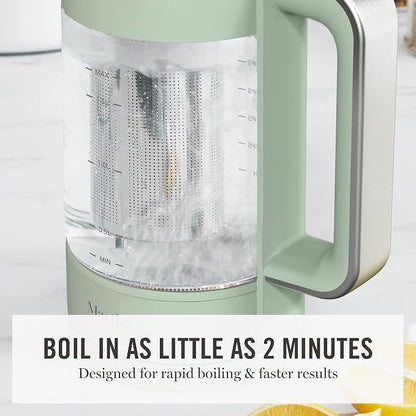 Martha Stewart Electric Kettle with Removable Stainless Steel Tea Infuser, Glass Carafe 1.7L (7 Cups), Hot Water Boiler, 4 Presets, Keep Warm & Auto Shut-Off, Cordless 360° Swivel Base, Honeydew Green