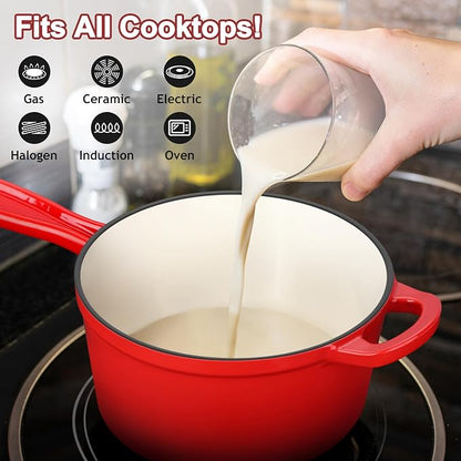 3 Quart Saucepan with Lid, Leonyo Enameled Cast Iron Sauce Pot, Large Enamel Cast Iron Dutch Oven Kitchen Cookware for All Cooktops Cooking Pasta, Soup, Milk - Up to 500°F & 8bs, Red