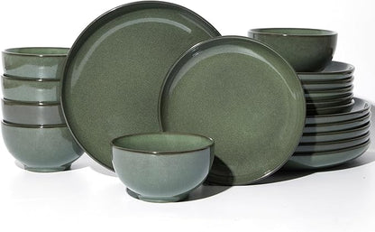 Pokini Stoneware Dinnerware Sets for 6, 18 Piece Microwave Safe Plate and Bowl Set, Easy to Clean & Durable Dishes Sets for Small to Medium Families, Forest Green