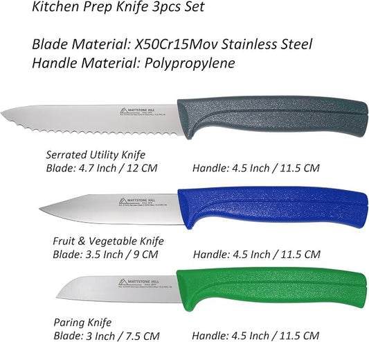 Kitchen Knife Set, MATTSTONE HILL Paring Knife Set - 4.7" Serrated Utility Knife, 3.5" Fruit & Vegetable Paring, 3" Flat Edge Peeling, German High Carbone Steel, Gray, Blue, Green