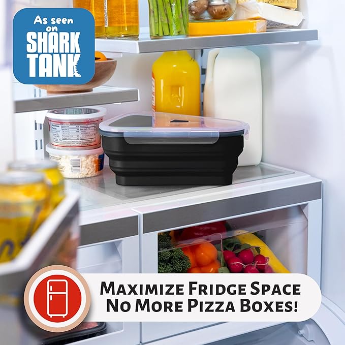 PIZZA PACK The Perfect Reusable Pizza Storage Container with 5 Microwavable Serving Trays - BPA-Free Adjustable Pizza Slice Container to Organize & Save Space, 4 Pack, Black