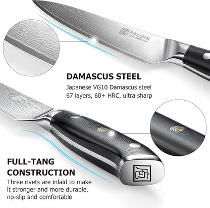 PAUDIN Utility Knife, Damascus Kitchen Knife, 67-Layer Forged Blade, Ultra Sharp Edge, Full Tang G10 Handle with Triple Rivets, 5'' Paring Knife for Cutting Fruit and Vegetables