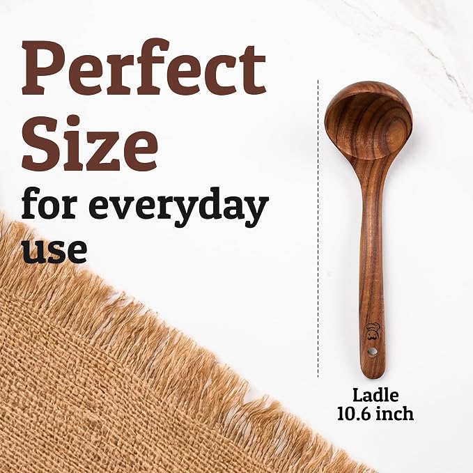 PriorityChef Premium Wooden Ladle for Soup - Handcrafted Teak Wooden Soup Spoon with Long Handle for Cooking and Serving - Deep Wood Ladel for Kitchen Use - Nonstick Safe Wood Ladle