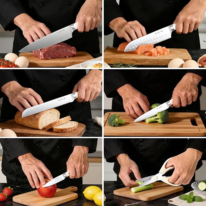 7 Piece Kitchen Knife Block Set, Stainless Steel Knives with Sharpener for Chopping, Dishwasher Safe (burlywood)