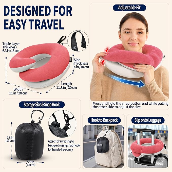 BUYUE Travel Neck Pillows for Airplanes, Memory Foam 360° Head Support Sleep for Long Flight, Skin-Friendly & Breathable, Kit with Eye Mask, Earplugs and Storage Bag (Adult, Pink, 90+ lbs)