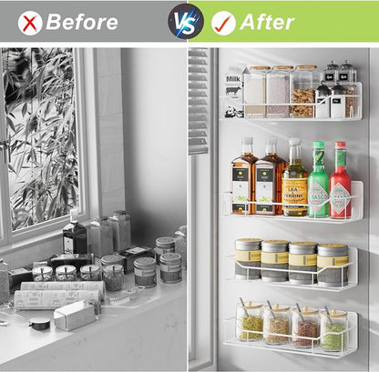 Magnetic Spice Rack for Refrigerator, 4 Pack Metal Strong Magnet Spice Organizer Shelves, Magnetic Fridge Shelf for Kitchen Seasoning Organizer Gadgets, Home Organization and Storage (White)