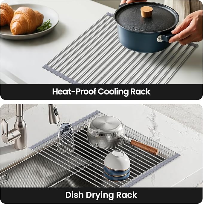 Roll Up Over Dish Rack 17.7”Lx15.5”W, Kitchen Drainer Rack, Gray