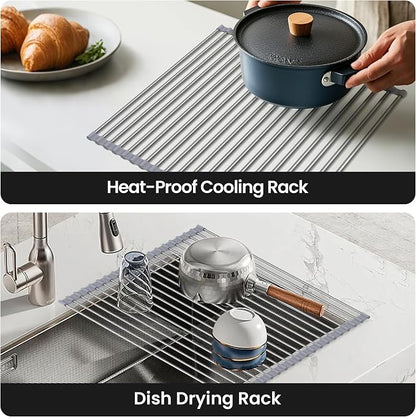 Roll Up Over Dish Rack 17.7”Lx15.5”W, Kitchen Drainer Rack, Gray