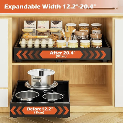 lockincar 2Pack Expandable Pull Out Cabinet Organizer 21" Deep, Adjustable Width 12.2"-20.4" Slide Out Drawers & Roll Out Shelves for Kitchen Cabinets, Easy Install with Double-Sided Adhesive, Black