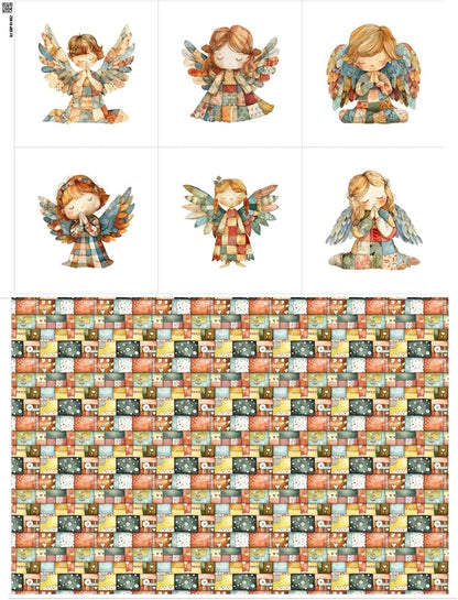 ‍ Patchwork Angel Cotton Fabric Panel – 6 Designs (10×10 inch Each) + Bonus Sheet 29.5×19.6 inch, 100% Cotton 140 GSM, Made in Türkiye