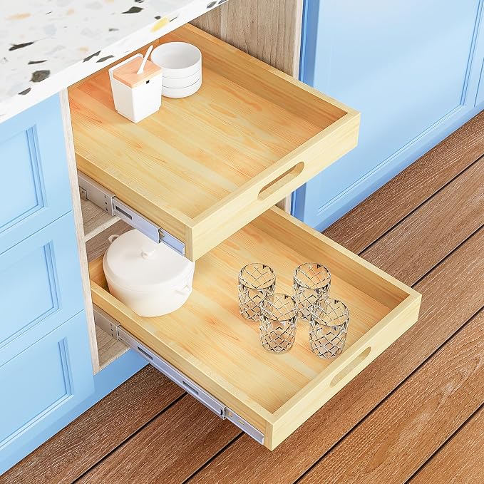 Pull Out Cabinet Organizer, 1PC 15” W x 21” D Soft Close Slide Out Wood Drawer Storage Shelves for Kitchen, Base Cabinet Organization for Pantry, Finished, Heavy-Duty, Bottom Assembly