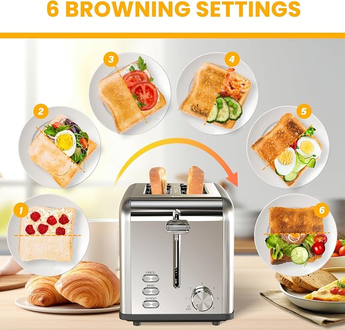 Simple Deluxe 2-Slice Toaster, Stainless Steel Toaster, 6 Browning Setting and 3 Function, Extra Wide Slot & Removable Crumb Tray, for Bread & Waffle, Silver