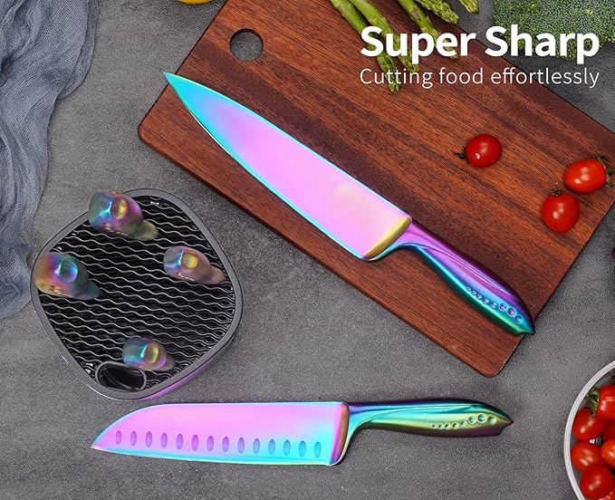 Rainbow Knives Block Set 7 Pieces, Iridescent German High Carbon Stainless Steel Kitchen Knives Pack with Universal Knife Holder