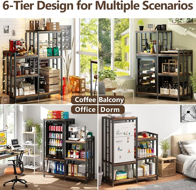 METYERRY 6-Tier Adjustable Mini Fridge Cabinet with Power Outlet,Kitchen Bakers Rack with Storage,Mini Fridge and Microwave Stand,Coffee Bar, Free Standing Shelf for Kitchen, Home Office,Rustic Brown