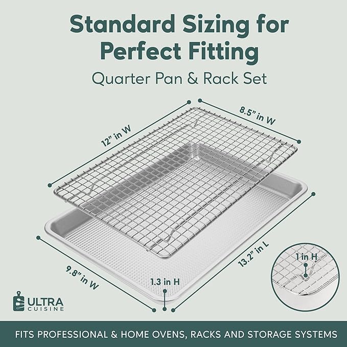 Ultra Cuisine Quarter Sheet Pan with Wire Rack Set - Includes Premium Aluminum Baking Sheet with 100% Stainless Steel Baking Rack, Cookie Cooling Racks with 1/4 Pan Commercial Quality