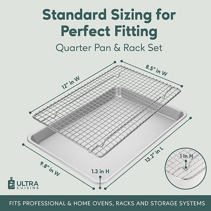 Ultra Cuisine Quarter Sheet Pan with Wire Rack Set - Includes Premium Aluminum Baking Sheet with 100% Stainless Steel Baking Rack, Cookie Cooling Racks with 1/4 Pan Commercial Quality