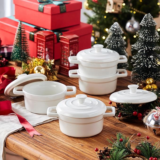 Lareina Mini Cocotte - 12oz Ceramic Casserole Dishes - Kitchen Casserole Sets With Handles And Lid - Small Baking Ramekins - Oven, Microwave & Dishwasher Safe - Set of 4 - White